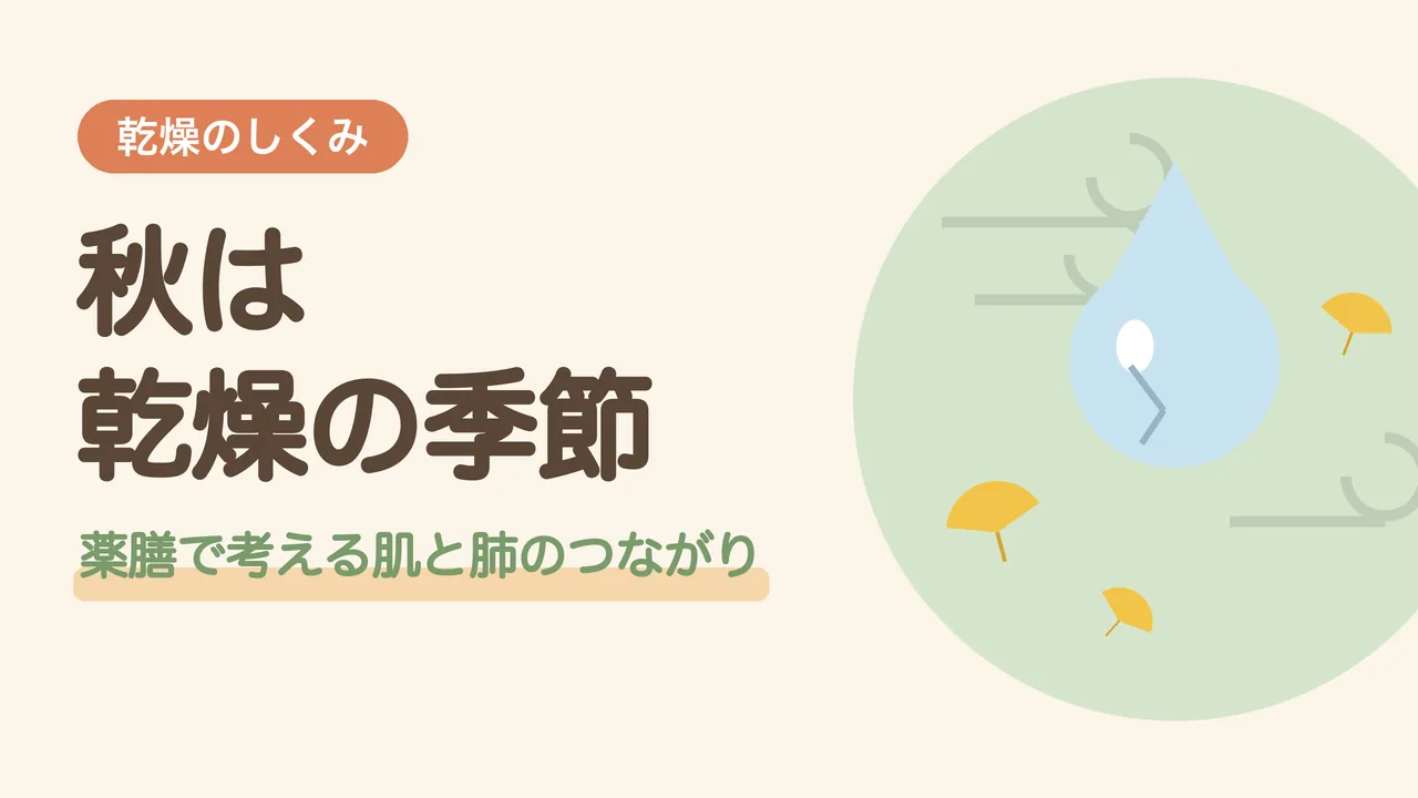 秋に乾燥と肌荒れが起きる理由。乾いた風と水滴とイチョウの葉で秋の乾燥をあらわしたイラスト
