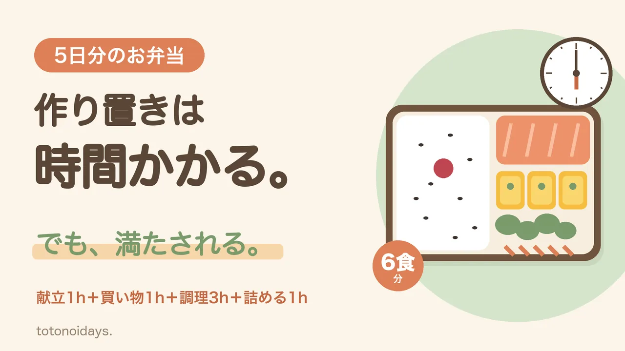 作り置きのお弁当と時計のイラスト。作り置きは時間かかる。でも、満たされる。5日分のお弁当にかかった6時間の記録