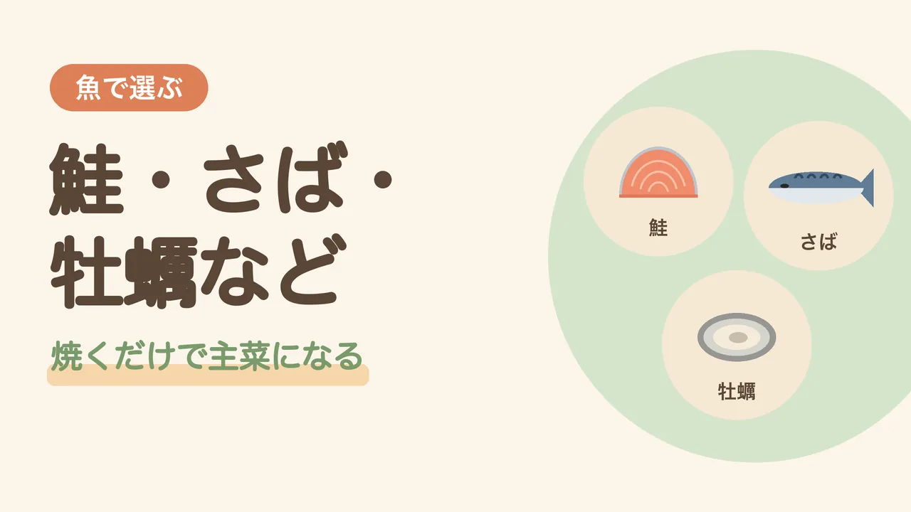 魚で選ぶ11月の旬。鮭の切り身、さば、牡蠣のイラスト