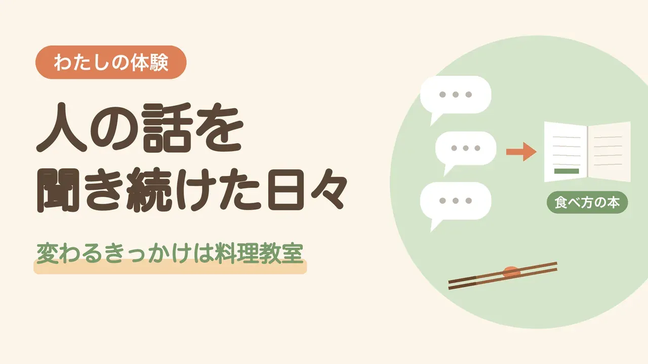 私が自分を後回しにしていたころ。人の話を聞き続けた日々から、料理教室と食べ方の本をきっかけに変わったことをあらわした図