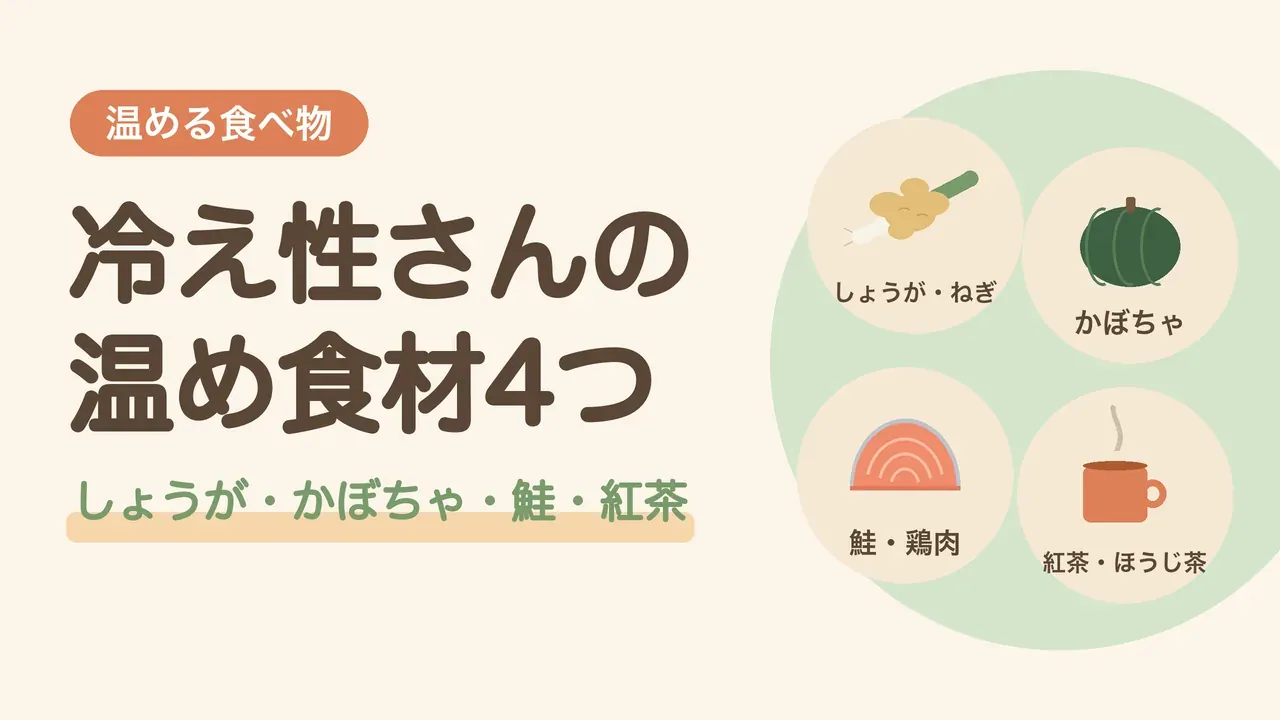 冷え性におすすめの温める食べ物4つ。しょうがとねぎ、かぼちゃ、鮭と鶏肉、紅茶とほうじ茶の図
